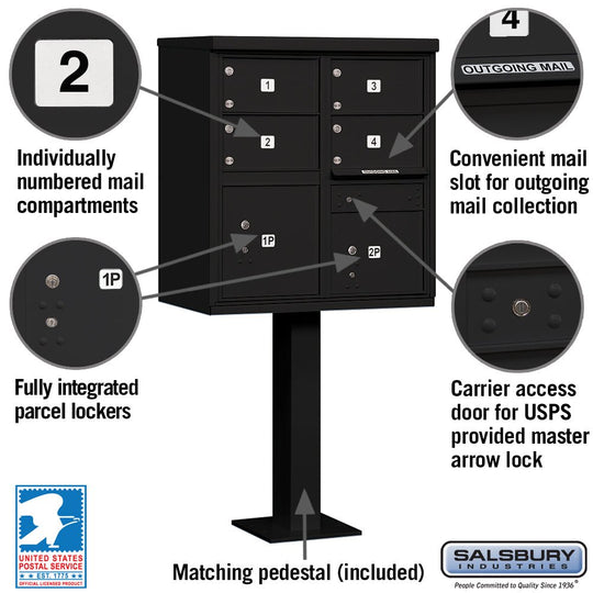 Salsbury 4 Tenant Doors and 2 Parcel Lockers Cluster Box Unit (CBU) Mailbox with USPS Access - Model 3305 - Select Commercial Mailboxes