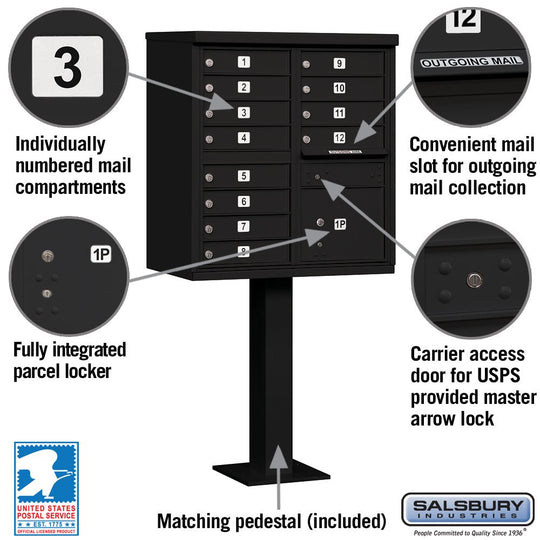 Salsbury 12 Tenant Doors and 1 Parcel Locker Cluster Box Unit (CBU) Mailbox with USPS Access - Model 3312 - Select Commercial Mailboxes